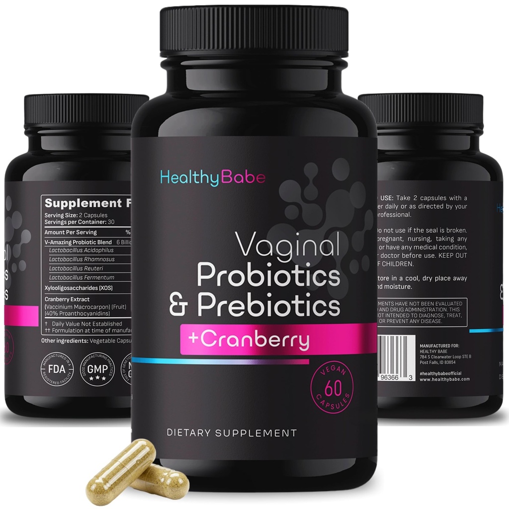 Healthy Babe Vaginal Probiotics for Women + Prebiotics & Cranberry Pills, pH Balance, Healthy Odor, Yeast, Immune Support, Positive Microbiome Health, Women’s Acidophilus Probiotic, 60 Vegan Capsules