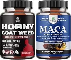 Bundle of Horny Goat Weed Extract Complex for Men and Women Enhanced Energy and Stamina and Black Maca Root Capsules for Men - Invigorating Drive Mood & Energy Booster for Men