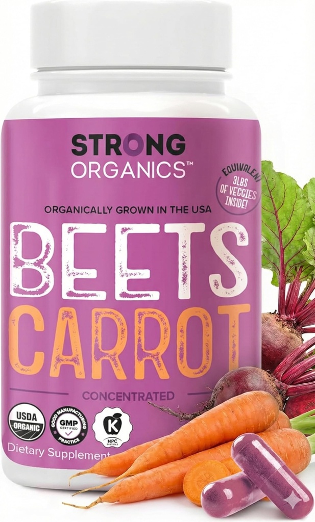 Organic Beet Root & Carrot Juice Powder Capsules – USA Grown, Raw Cold Pressed – Nitric Oxide, Eye Health, Skin & Heart Support – Beta Carotene, Whole Food Vitamin A – Vegan, Non-GMO, Kosher – 120 ct