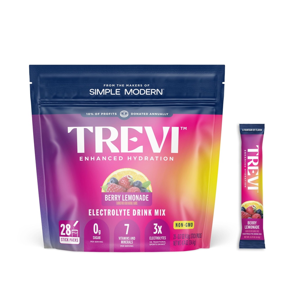 TREVI™ Everyday Sugar Free Electrolytes - Essential Drink Mix Hydration Powder Packets - 28 Count - Berry Lemonade