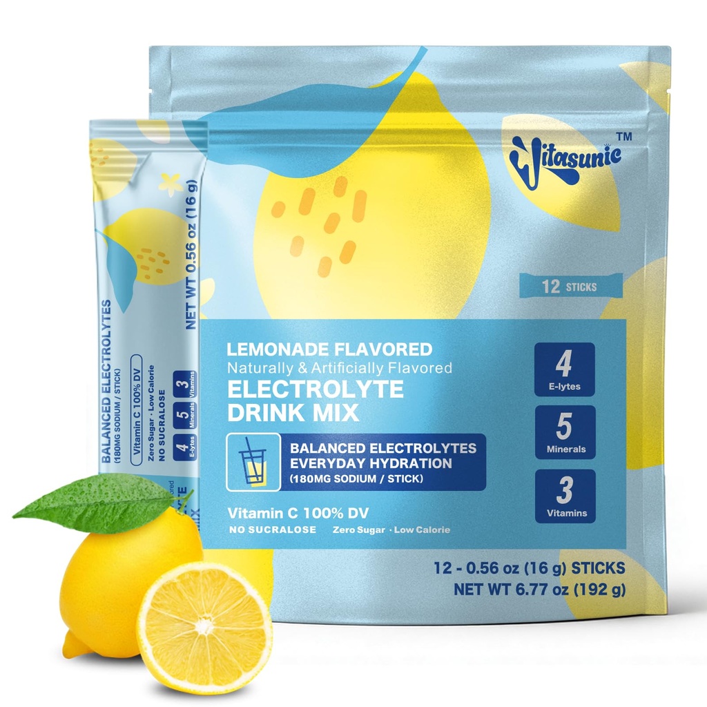 12 Hydration Packets, Sugar Free Lemonade Electrolyte Powder Hydration Drink Mix with 4 Electrolytes and 100% DV Vitamin C, Low Calorie, No Sucralose, Vegan, Keto & Gluten-Free