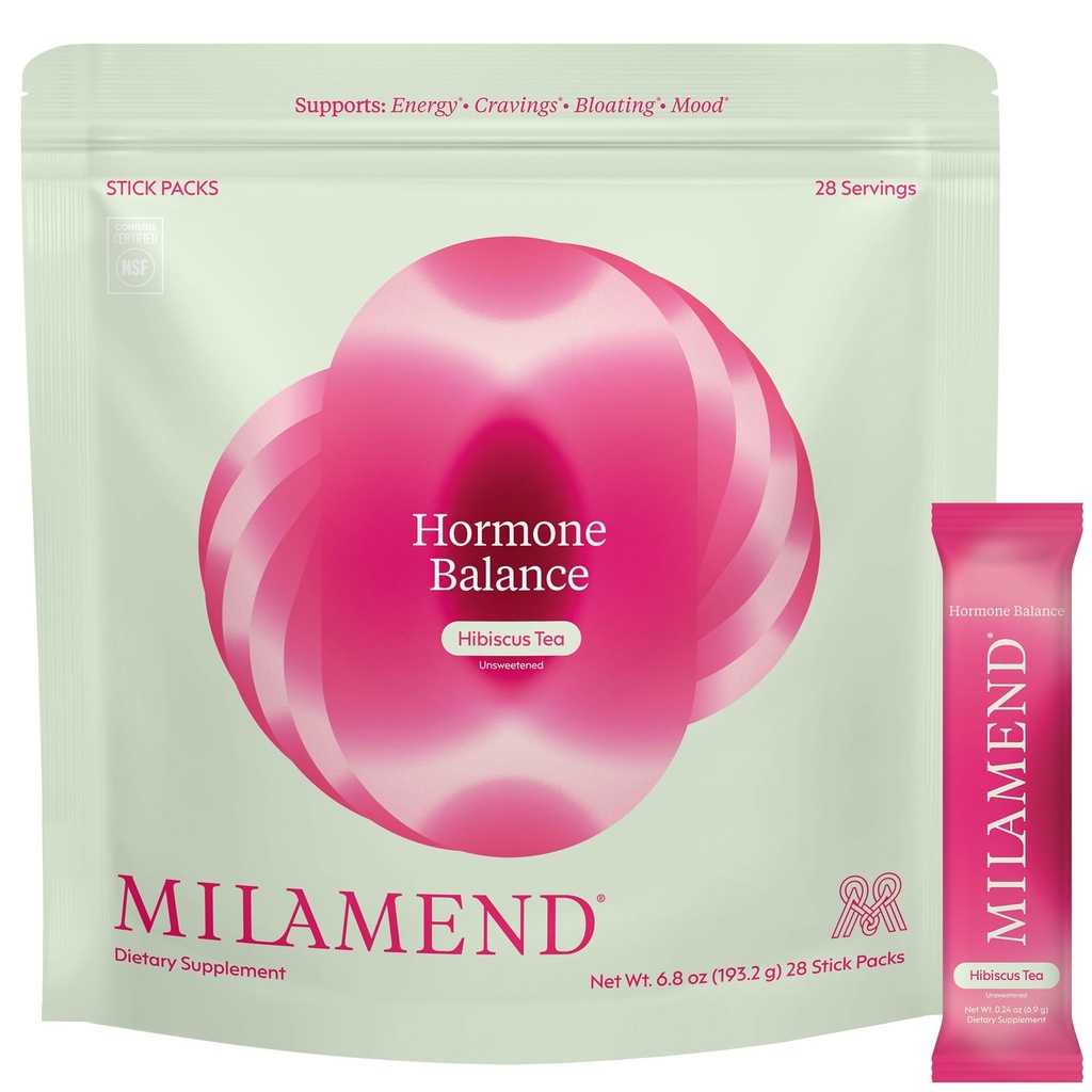milamend Hormone Balance for Women 40:1 Myo-Inositol D-Chiro Inositol Supplement + CoQ10, ALA, & Amino Acids – Unsweetened Hibiscus Tea Powder – 28 Count Sticks