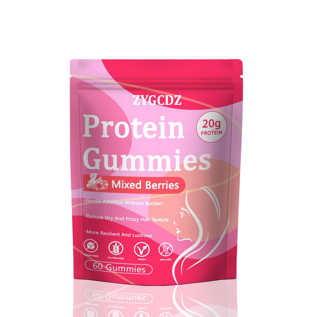 Protein Gummies, 20g Protein per Serving, Supports Healthy Hair Skin Nails & Energy, Zero Sugar Vegan Protein Supplement for Women and Men, Mixed Berries Flavor, 60 Gummies (1)