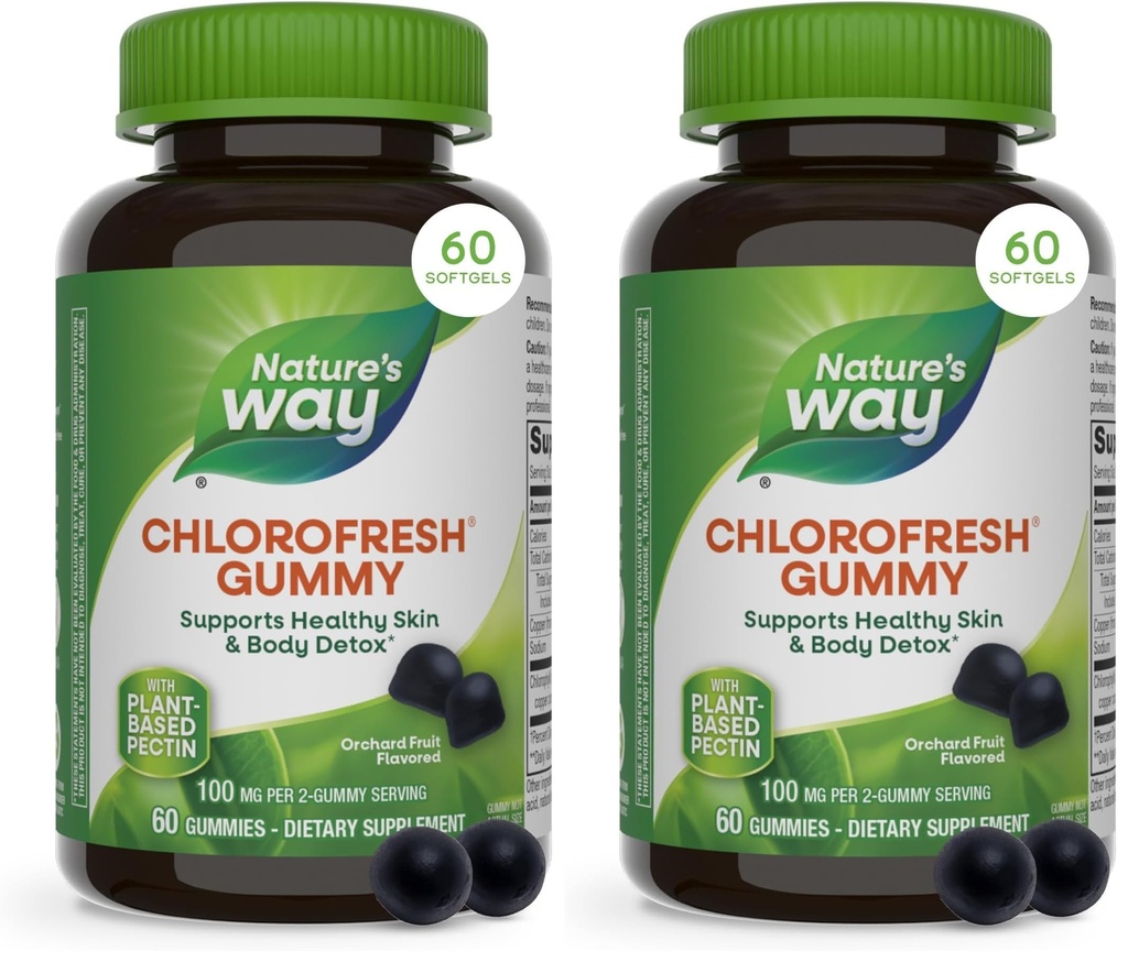 Nature's Way Chlorofresh Chlorophyll Gummies, Supports Healthy Skin and Body Detox*, Internal Deodorant*, Orchard Fruit Flavored, 60 Gummies, (Pack of 2)