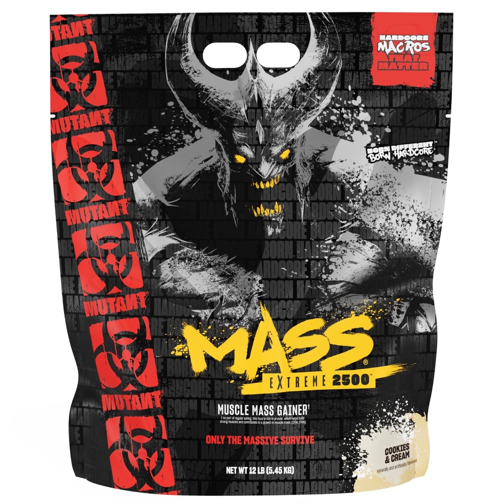 Mutant Mass Extreme 2500 Gainer - Whey Protein Powder with 3-Source Whey Protein Blend & Whole Food Carbs - High Calorie Mass Gainer for Muscle Building & Weight Gain - Cookies & Cream, 12 lbs