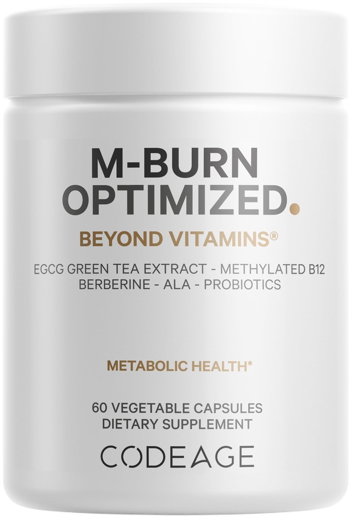 Codeage M-Burn Optimized Supplement - Decaffeinated Green Tea Std. to 50% EGCG, Berberine, Akkermansia, Vitamin B12 - Probiotics - Vitamins - 60 Capsules