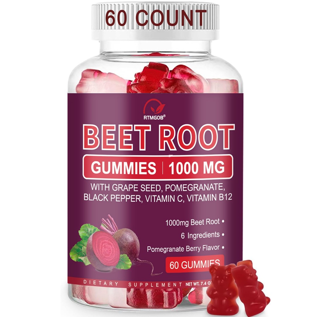 Beet Root Gummies, 1000mg, Nitric Oxide Supplement with Grape Seed, Pomegranate, Black Pepper, Vitamin C, B12 for Blood Flow & Highest Absorption-60 Count