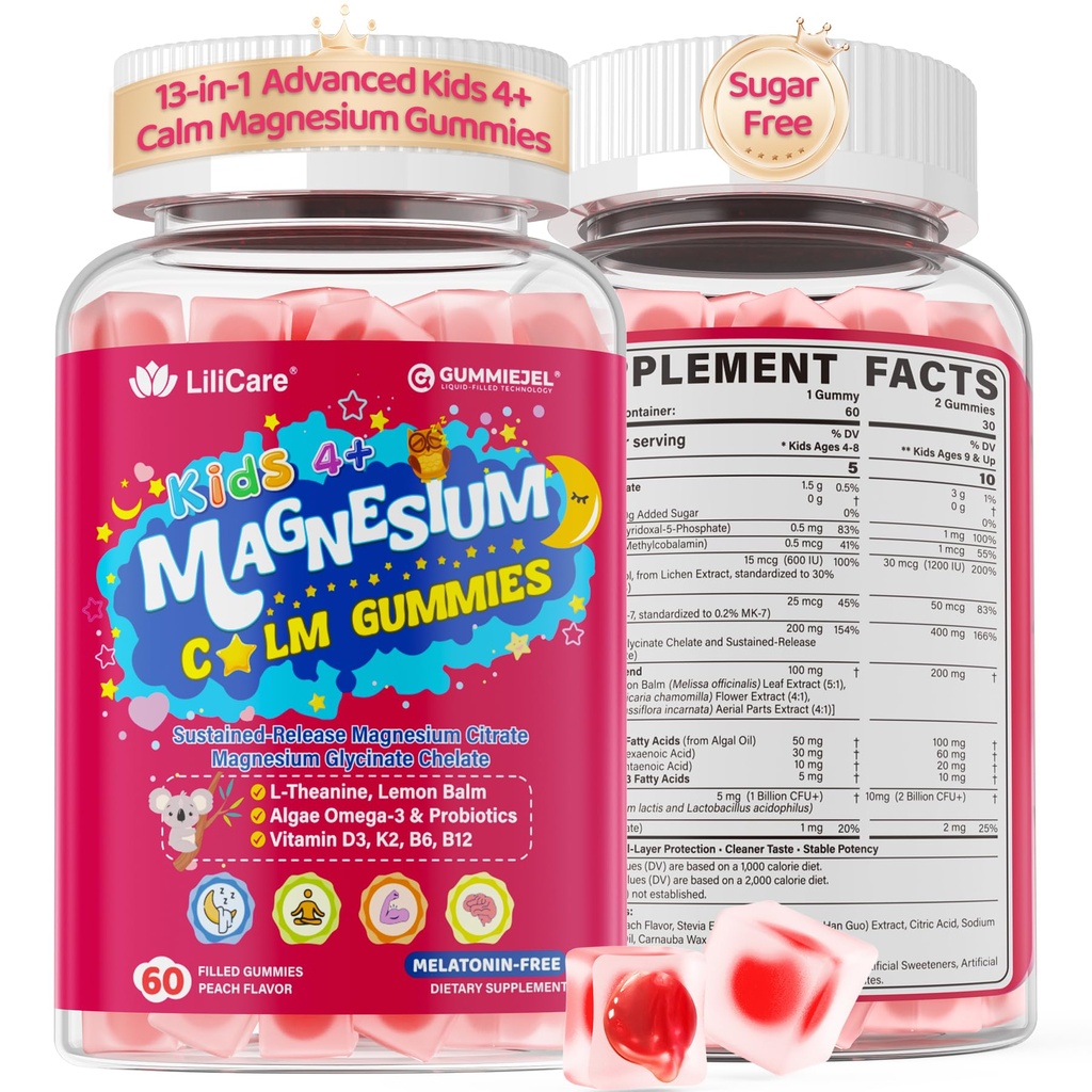 Kids Calm Magnesium Glycinate Gummies, Natural Kids Calming Supplement w/Magnesium Citrate, L-Theanine & Chamomile, Omega-3, D3 B12, Support Calm Mind, Sl-eep, Focus, Muscle Relax, Sugar-Free, 60 Cts