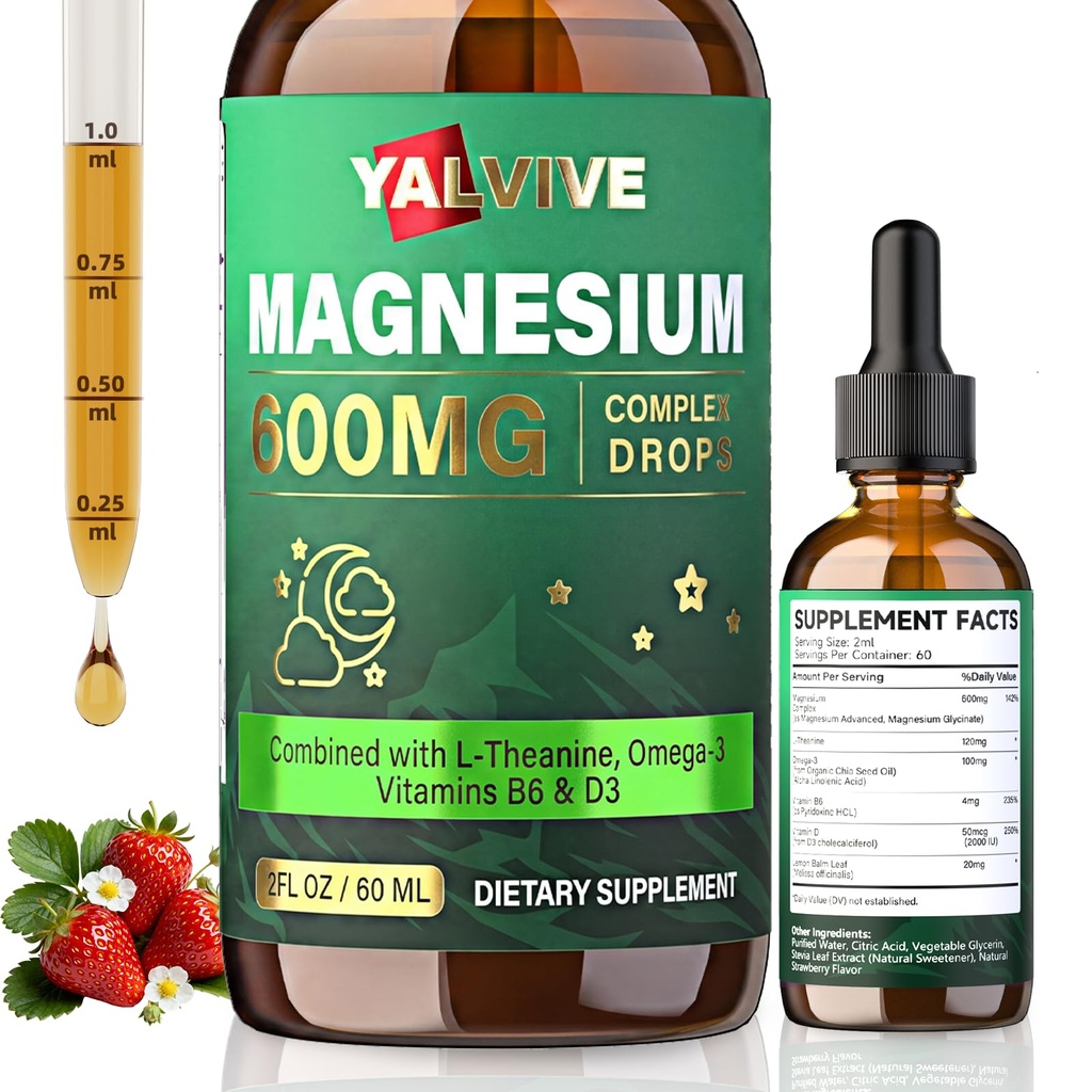 Magnesium Glycinate Liquid Drops | Magnesium Complex with L-Theanine, Omega-3, Vitamin B6, D3 & Lemon Balm | Natural Calm, Better Sleep, Brain, Nerve & Bone Health | 2 Fl Oz Strawberry Flavor