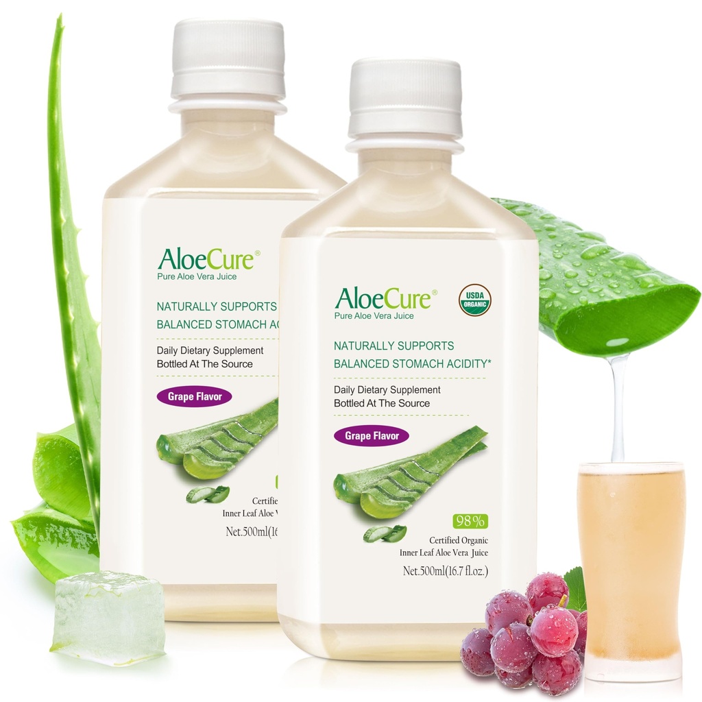 AloeCure USDA Organic Aloe Vera Juice Grape Flavor, Hergestellt innerhalb von 12 Stunden Ernte - Pure Aloe Vera Verdauungs- und Immungesundheitsergänzung, hilft Balanced Stomach Acidity, 16.7oz x 2 Btls