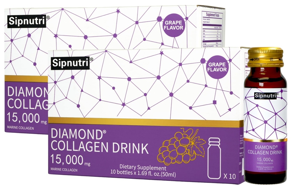 Diamond Collagen Drink -15,000mg Marine Collagen Peptides Liquid Shots for Women & Men, Hydrolyzed with Vitamin C & Pomegranate, Grape Flavor, Supports Skin, Hair & Nail Health-1.69 fl oz x20