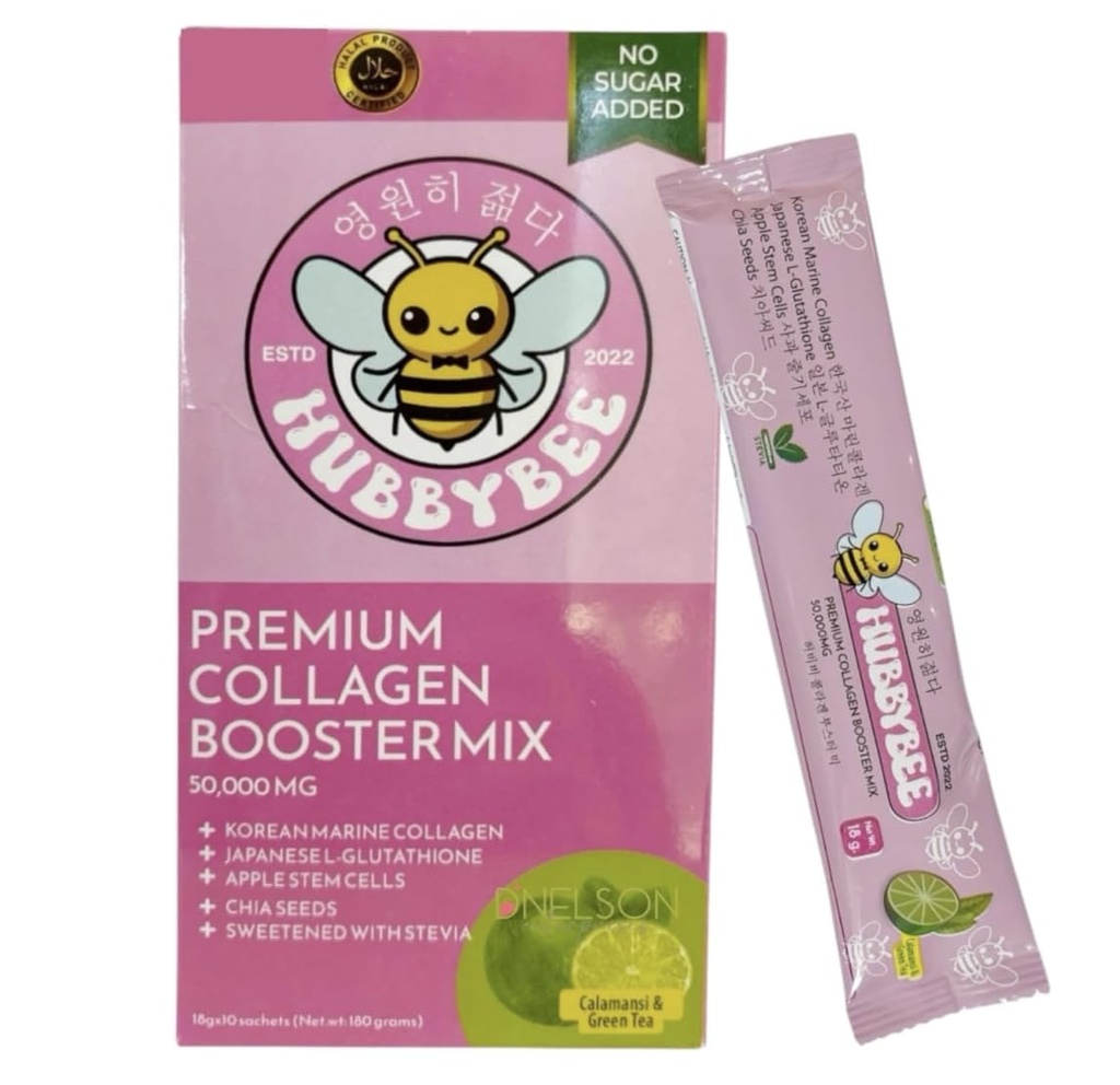 Hubby Bee Premium Collagen Booster Mix - 50,000 MG Korean Hydrolyzed Marine Collagen with Japanese L-Glutathione & Apple Stem Cells - 10 Sachets (18g Each) (180g, Calamansi & Green Tea)