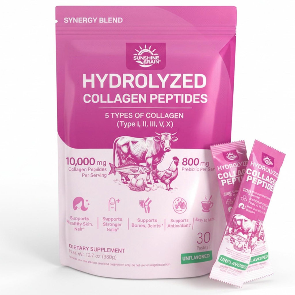 Multi Collagen Peptides Powder - 10g Hydrolyzed Collagen Peptides Type I, II, III, V & X with Biotin, Hyaluronic Acid & Prebiotics, Support Hair, Skin, Nail, Bone & Digestive Health, Non-GMO丨30 Sticks