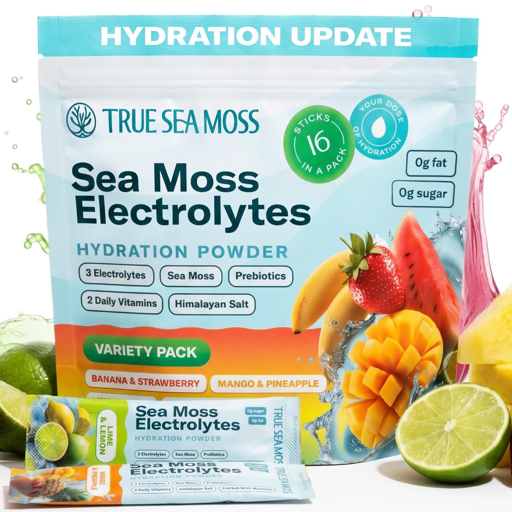 TrueSeaMoss Electrolytes Powder Concentrate Packets – Made in USA – 16 Stickpacks – Hydration Powder with Sea Moss and Potassium – No Sugar Drinks – Variety Pack