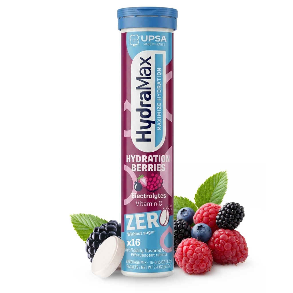 Upsa Hydramax Zero Added Sugar Electrolytes Hydration Tablets - Mixed Berry Effervescent Hydrating Supplement with 4 Essential Electrolytes & Vitamin C, Daily Hydration Mix Support, 16 Count