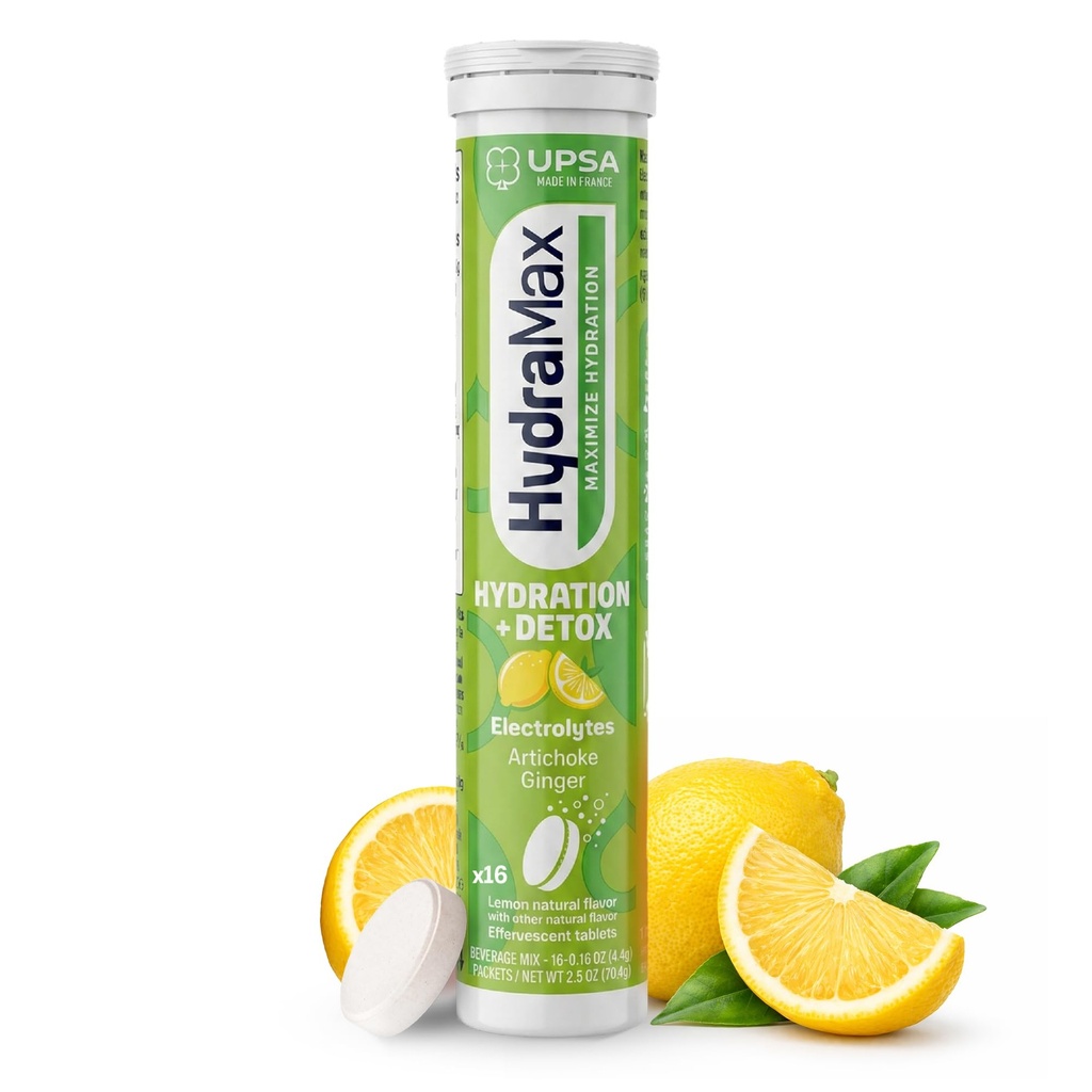 UPSA HydraMax Hydration + Detox Electrolytes Tablet – Effervescent Hydrating with 4 Essential Electrolytes, Vitamin C, Artichoke & Ginger Extracts, Detox Hydration Mix Support, 16 Count