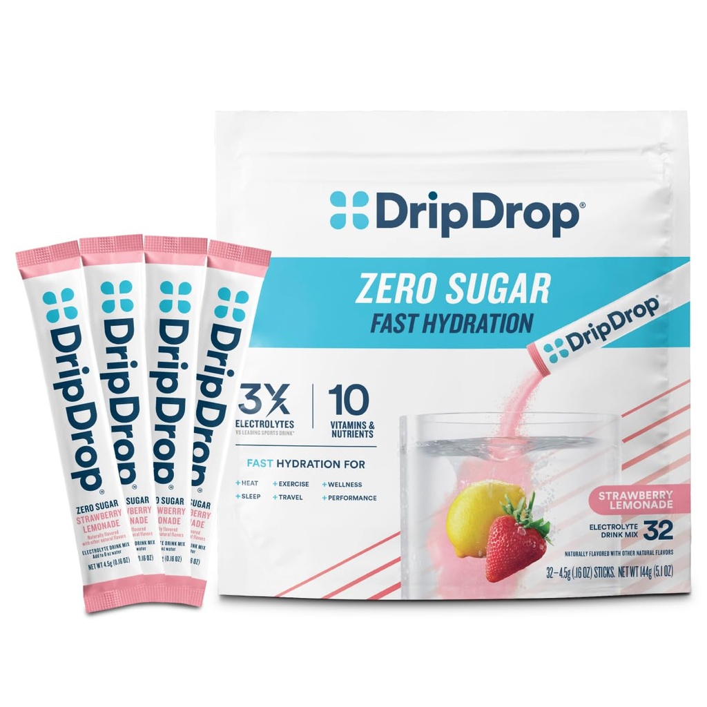 DripDrop Sugar Free Hydration Packets - Zero Strawberry Lemonade - Single Serve Electrolytes Powder Drink Mix - Non-GMO, Gluten Free, Vegan - 32 Sticks