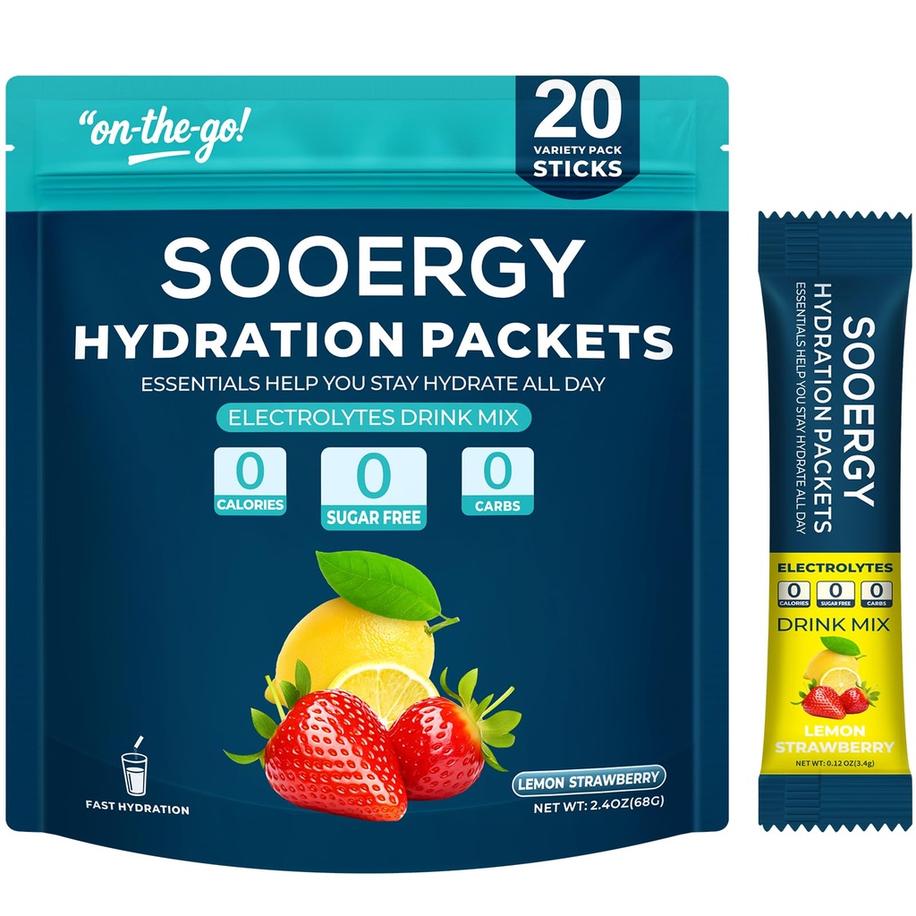 Electrolytes Powder Packets Sugar Free Hydration Packets, Liquid Daily IV Electrolyte Drink Mixex for Rehydration with Electrolytes, Vitamins, 0 Calorie, Lemon Strawberry Flavor, 20 Sticks