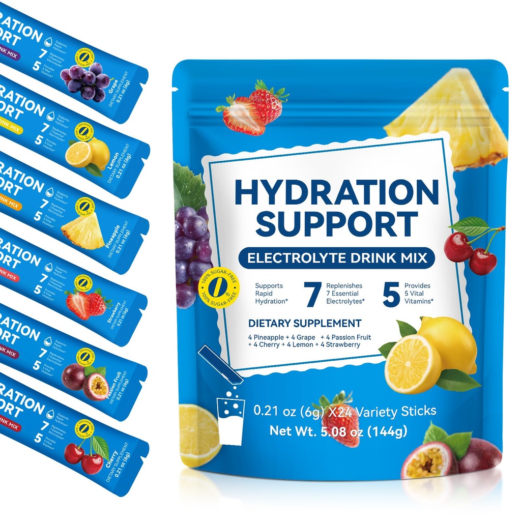 YLXYZUAD Sugar Free Electrolytes Powder Packets 24 Count Variety Pack Low Calorie Hydration Drink Mix with 7 Electrolytes & 5 Vitamins B3 B5 B6 B12 C Keto Friendly Vegan (24 Servings (Pack of 1))