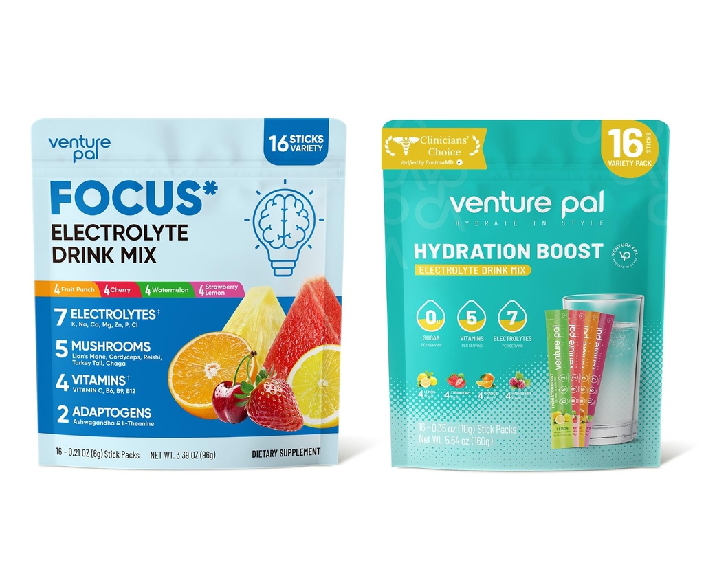 Venture Pal Electrolytes Powder Hydration Packets, Focus & Energy Support Drink Mix + Electrolytes Powder Packets - Liquid Daily IV Hydration Packets