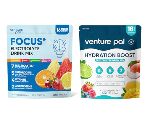 Venture Pal Electrolytes Powder Hydration Packets, Focus & Energy Support Drink Mix + Electrolytes Powder Packets - Liquid Daily IV Hydration Packets