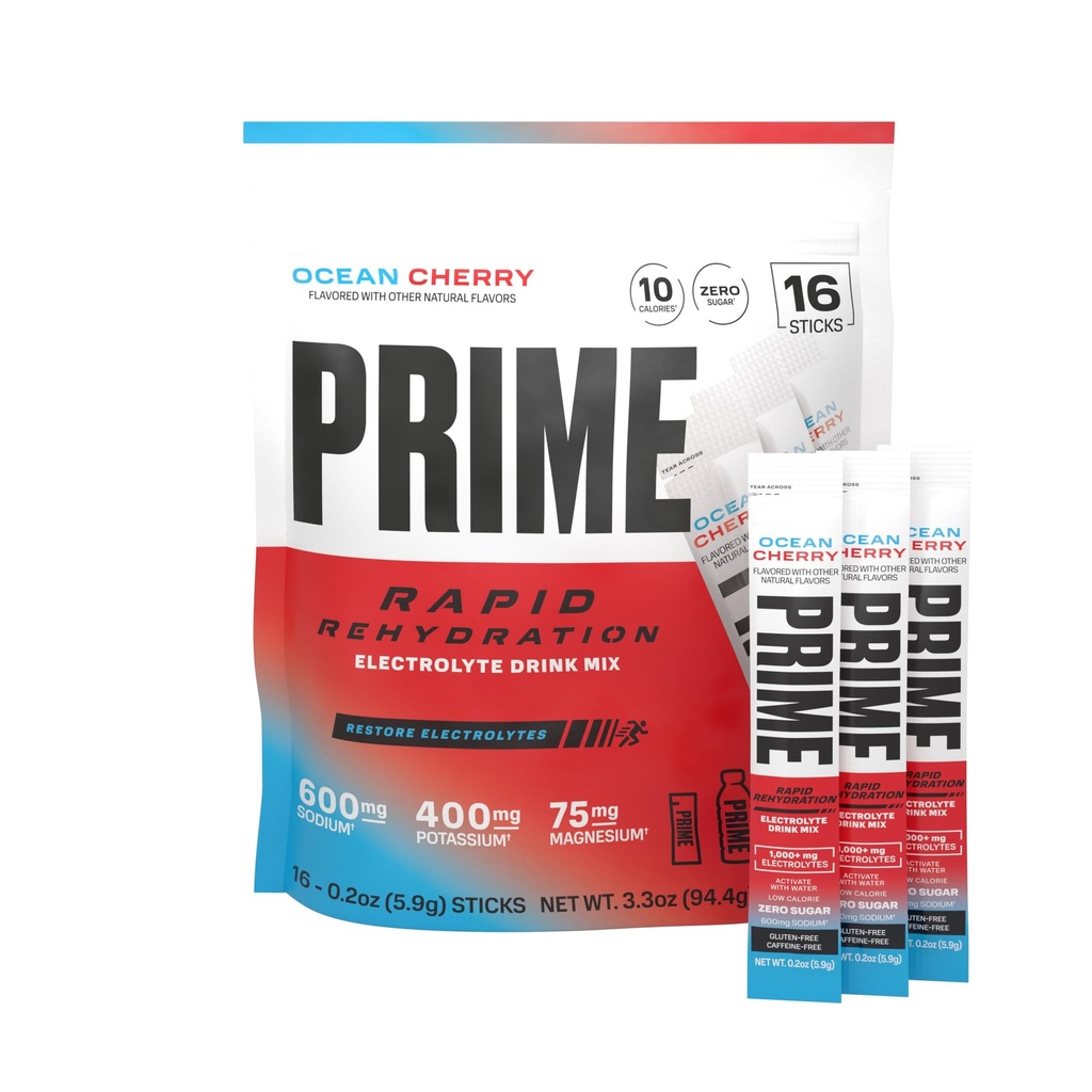 Prime Rapid Rehydration Electrolyte Powder Sticks, Ocean Cherry, Sugar Free Hydration Drink Mix with Sodium, Potassium, Magnesium & B Vitamins to Replenish Fluids, Caffeine Free, 16 Count