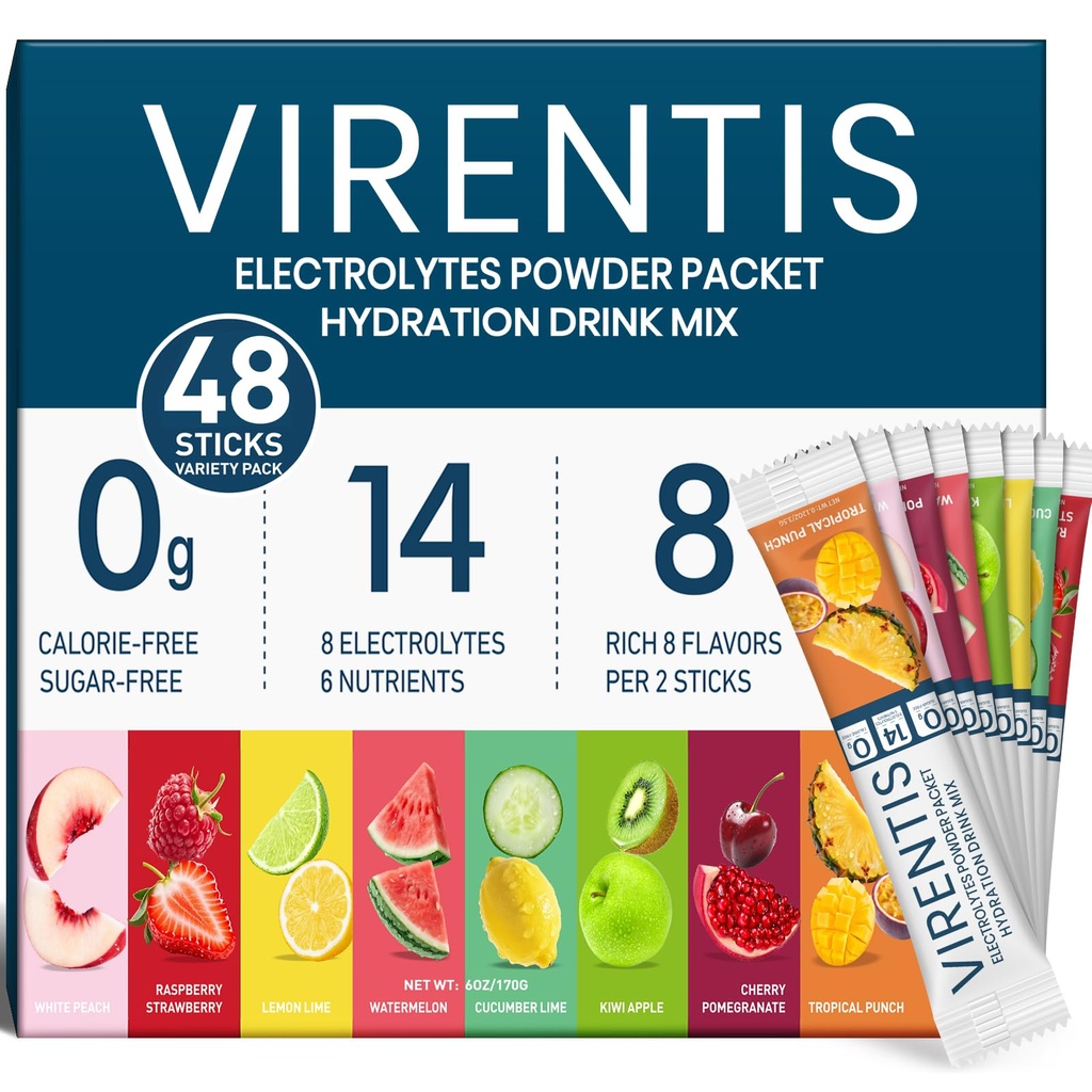 48 Sticks Electrolytes Powder Packets Sugar Free Hydration Packets, 8 Flavors Liquid Daily IV Electrolyte Drink Mix for Rehydration with 8 Electrolytes & 6 Vitamins, 0 Calorie, Low Sodium