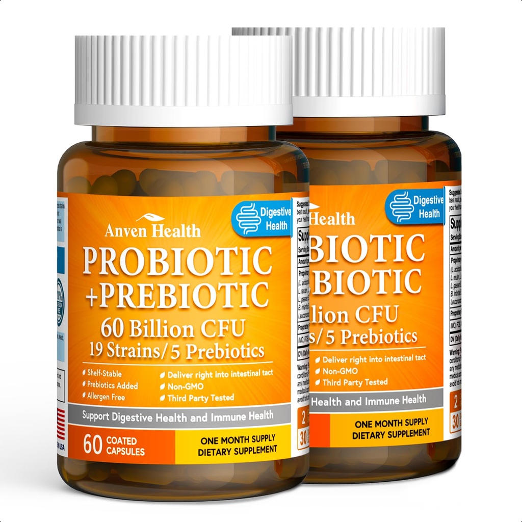 60 Billion Probiotics for Women and Men 19 Strains 5 Organic Prebiotics for Gut Digestive & Immune Health, Supports Diarrhea Gas Bloating, Vegan Probiotic Supplement Formula丨120 Caps