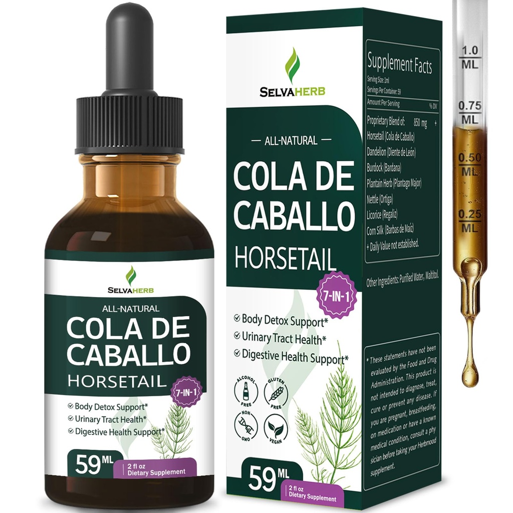 Horsetail Herb (Cola de Caballo Hierba) Drops for Body Detox Support, 7-in-1 Herbal Supplement for Urinary Tract & Digestive Health with Dandelion Burdock Extract. 2oz