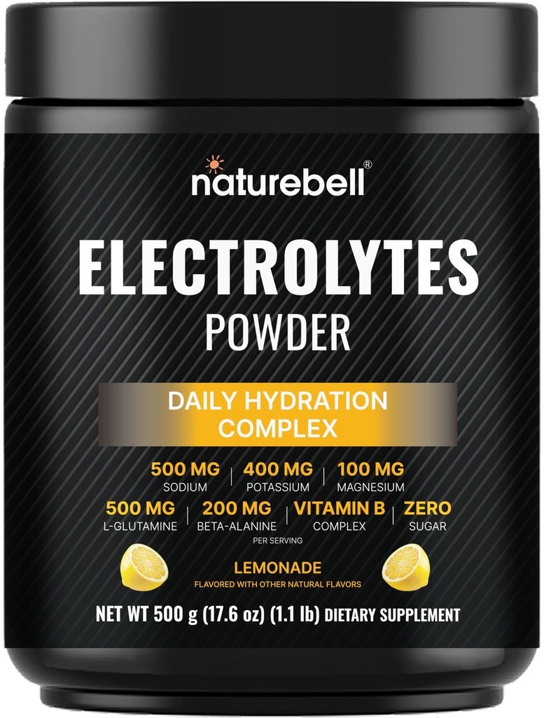 NatureBell Daily Electrolytes Powder No Sugar, 500g (50 Servings) | Electrolyte Hydration Drink Mix with Sodium, Potassium, Magnesium, L-Glutamine, Beta Alanine, & Vitamin B Complex – Lemonade Flavor | Non‑GMO