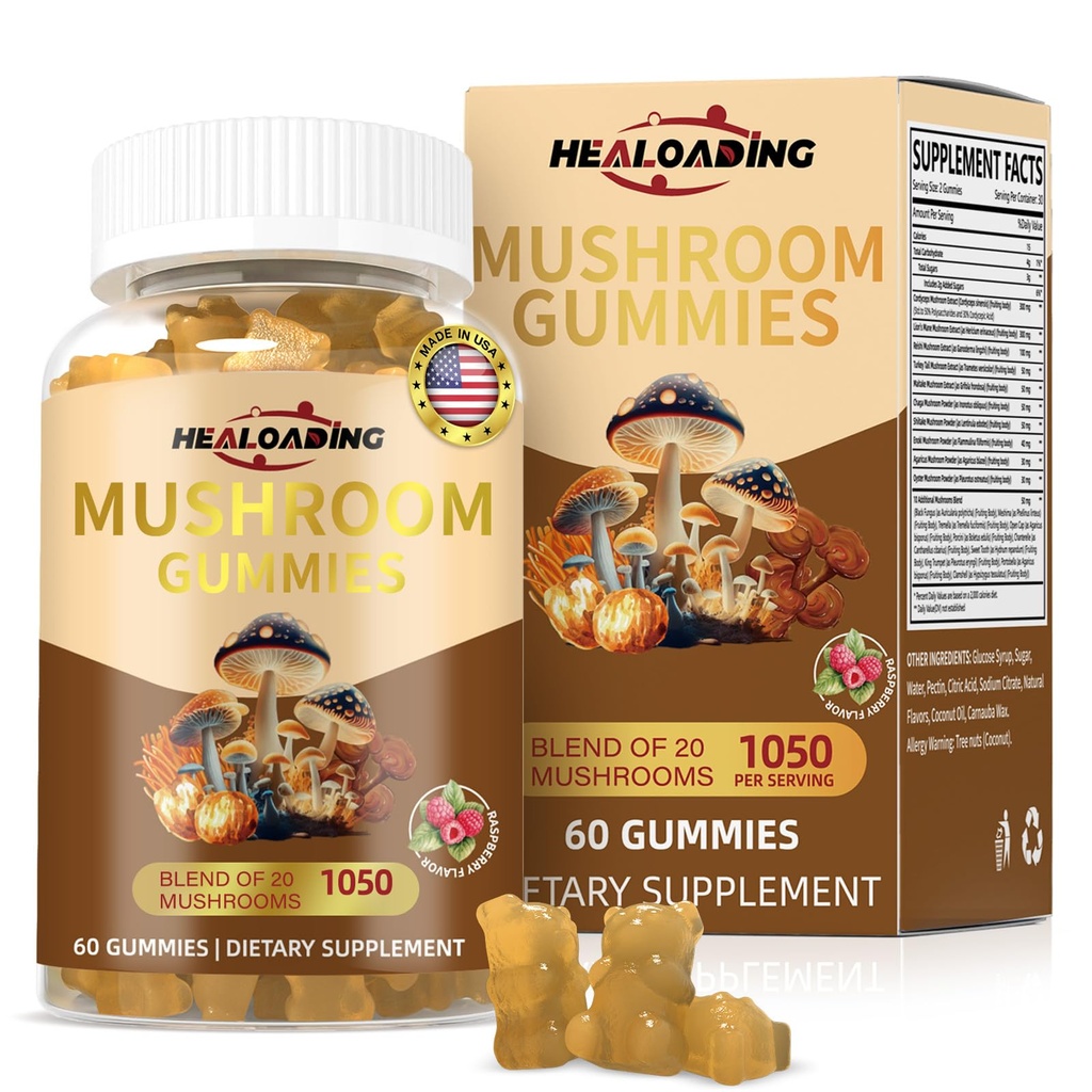 Mushroom Gummies with Lion's Mane & Cordyceps - Immune Support, Brain Health & Memory Enhancement - Vegan Mushroom Complex with Vitamin D3, B6, B9 & B12 - Focus, Energy & Cognitive Function Supplement