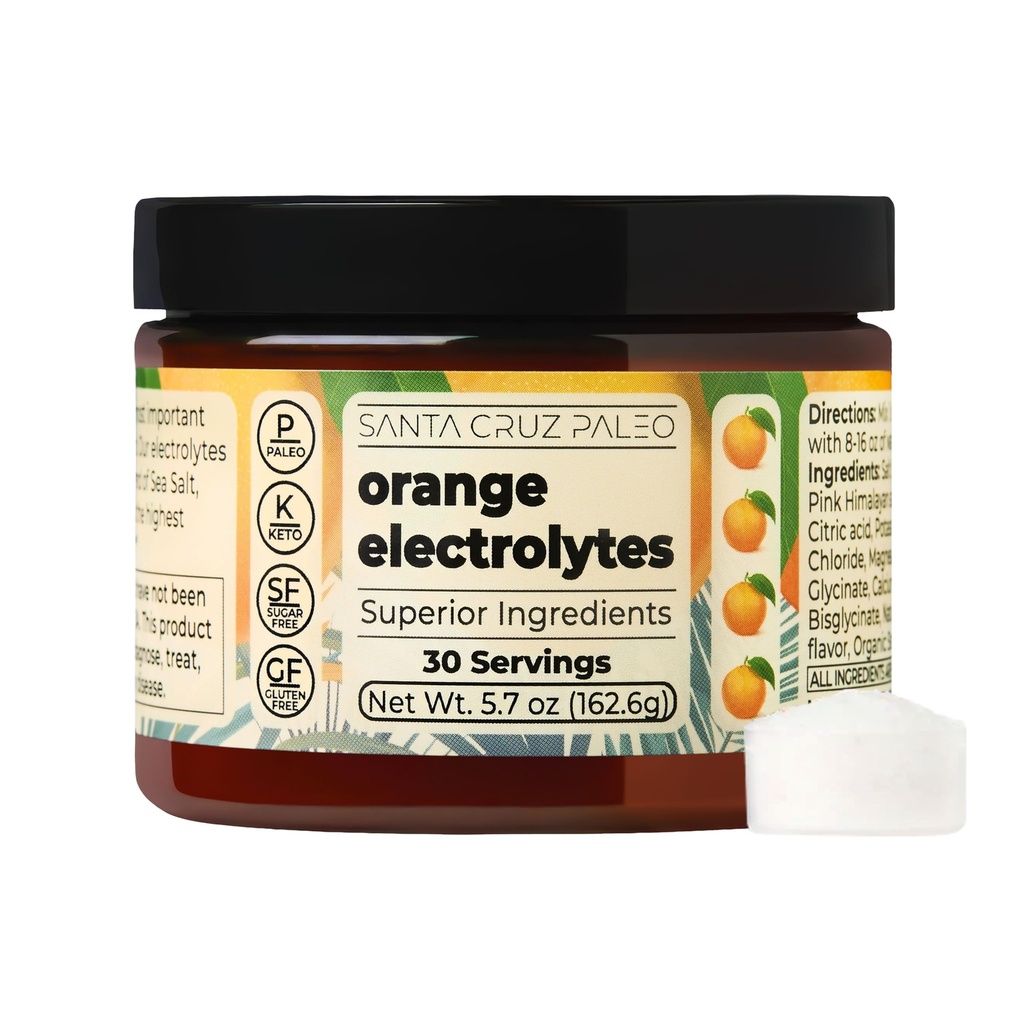 Santa Cruz Paleo Electrolyte Powder, Orange Flavor, Sugar Free Hydration Drink Mix with Himalayan Pink Salt, Sea Salt, Magnesium Glycinate, Potassium Chloride, Sweetened with Stevia, 30 Servings