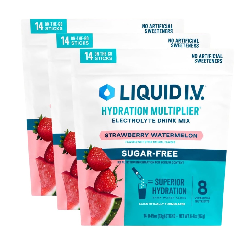 Liquid I.V.® Hydration Multiplier Sugar Free – Strawberry Watermelon | Electrolyte Powder Drink Mix | 3 Pack (42 Servings)