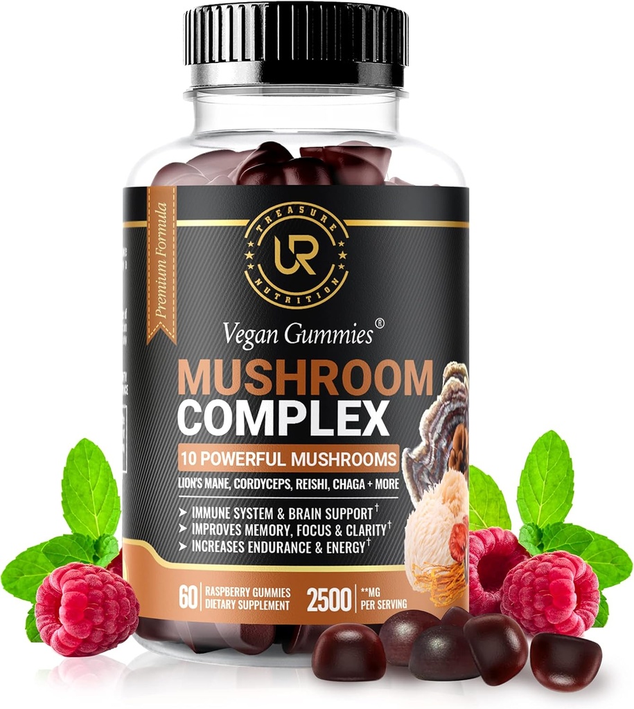 Mushroom Gummies | 10 Pilzergänzung - 2500mg - Türkei Tail, Chaga, Reishi, Cordyceps & Lions Mane Bio Pilzextrakte, Nootropic Brain Booster für Fokus, Gedächtnis, Klarheit, Energie | 60ct