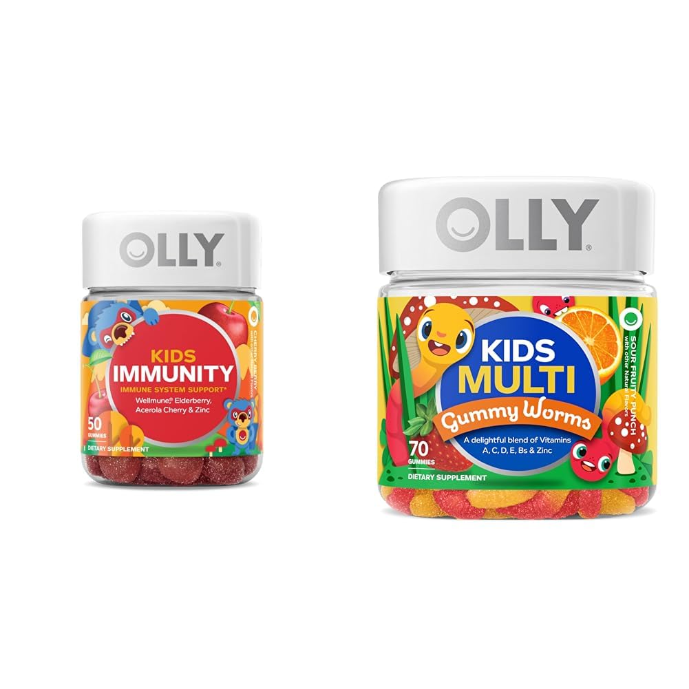 OLLY Kids Immunity Gummy, Immune Support, Wellmune, Elderberry, Vitamin C, Zinc & Kids Multivitamin Gummy Worms, Overall Health and Immune Support, Vitamins and Minerals A, C, D