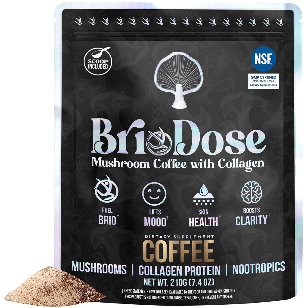 Briodose Adaptogenic Mushroom Coffee with Grass-Fed Collagen & Lion's Mane – Jitter-Free Energy, Focus & Glowing Skin – L-Theanine, Chaga, 45mg Caffeine – NSF Certified Instant Coffee – 30 Servings
