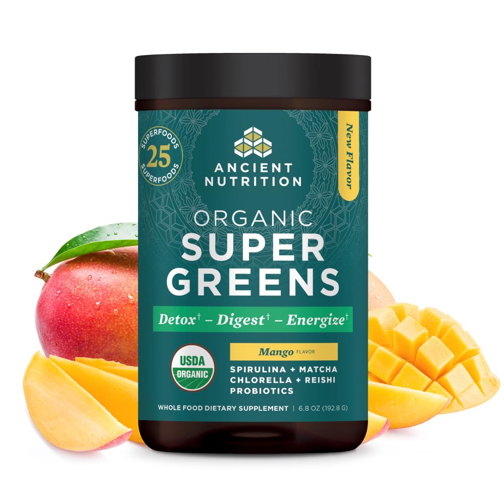 Antike Ernährung SuperGreens Pulver mit Probiotika, Bio Mango Flavor Greens, Herbs und Gemüse, Verdauungs- und Energieunterstützung, 25 Servierungen, 6.8oz