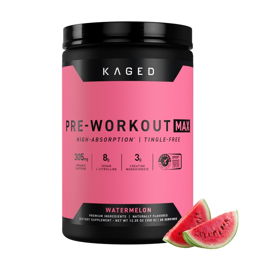 Kaged Pre Workout MAX Powder | Watermelon | Tingle Free, High Stim Pre-Workout | 305 mg Caffeine, Creatine, L-Citrulline | MAXCatalyst for Absorption | Supplements for Men & Women | 20 Servings