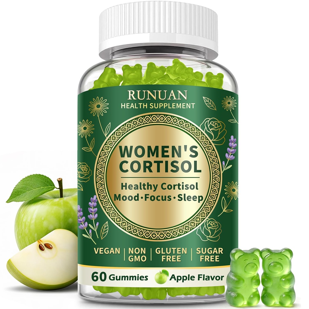 Cortisol Gummies for Women Men – Natural Stress Balance Gummies with Ashwagandha, Calm Mood Support, Sleep Aid, Relaxation, L-Theanine, Adrenal Balance, Energy Support, Apple Flavor, Vegan, 60 Count