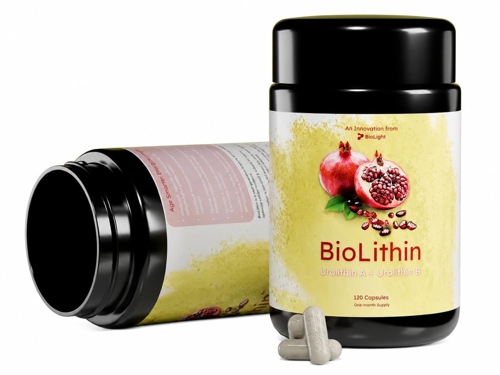 BIOLIGHT BioLithin | Premium Urolithin A + Urolitin B Complex w/Taurine | Mitochondrial Recycling, Muscle Support, Cellular Energy, Vitality & Longevity Support | 120 Capsules, 1-Month Supply