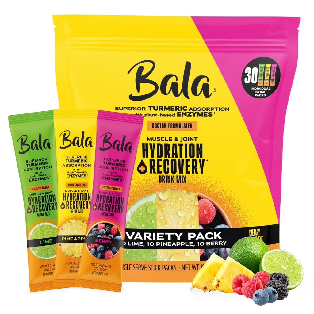 Bala Total Body Wellness Drink Mix, Hydrate & Recover Variety Pack, Pineapple, Lime & Berry, 10 Per Flavor, Zero Sugar Electrolytes Powder Packets with Enzymes & Amino Acids, Turmeric Drink, 30 Sticks