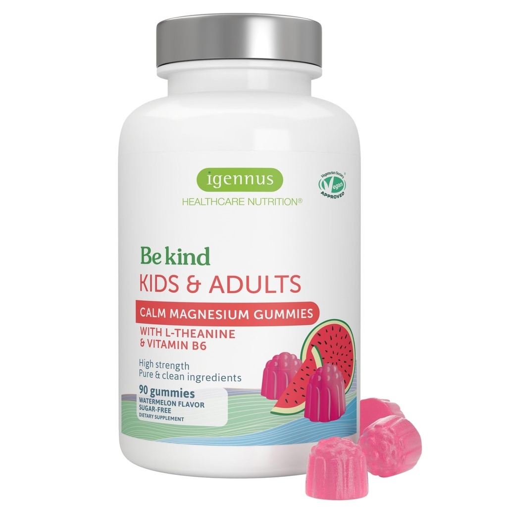 Igennus High Potency Calm Magnesium Gummies 60mg, L-Theanine 100mg & Vitamin B6 3mg, Daily Stress Support for Kids & Adults, Clean Ingredients & Vegan, Sugar-Free, Watermelon Flavor, 45-90 Servings