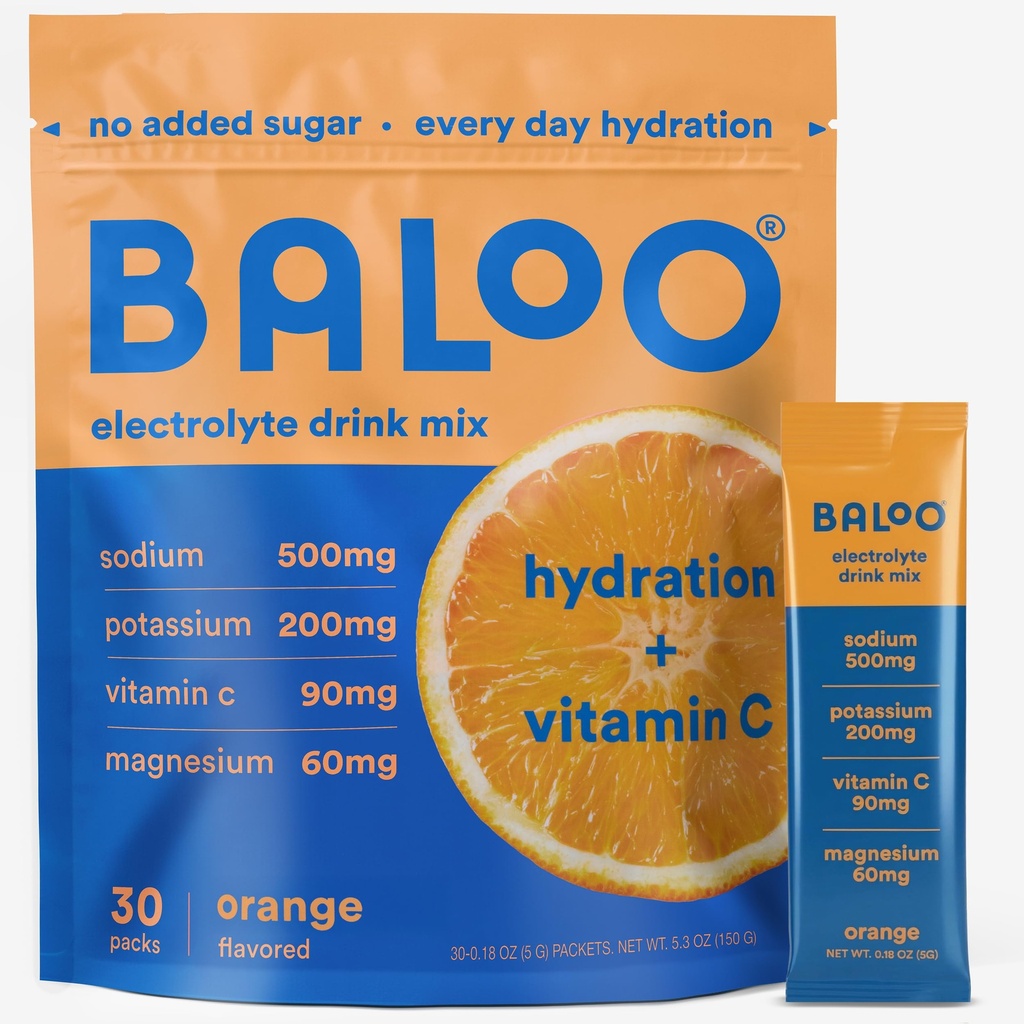 Baloo Electrolytes Powder Packets - No Added Sugar - Hydration Packets with Real Fruit & Unrefined Sea Salt - Powered by Magnesium, Potassium & VIT C for Daily Clean Hydration - Orange - 30ct