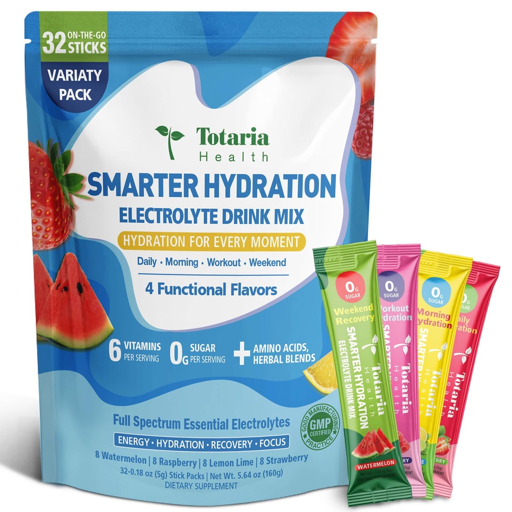 Totaria Sugar-Free Electrolyte Powder Drink Mix, Hydration Variety Packets with Himalayan Pink Salt, 6 Key Electrolytes, BCAA, Taurine, 6 Vitamins, Keto, Non-GMO, 1 Pack (32 Servings)