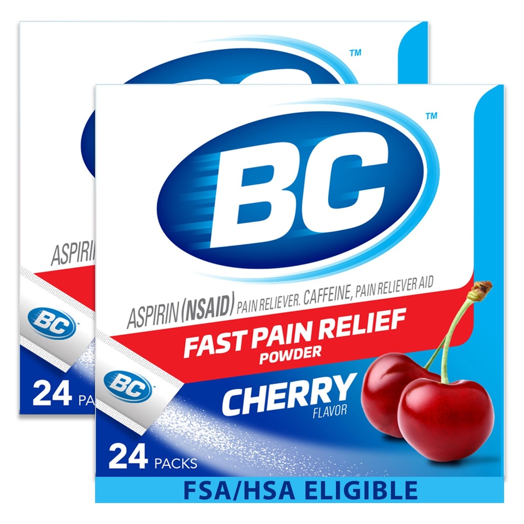 BC Powder Pain Reliever, Cherry Flavor Aspirin Dissolve Packs, 24 Count Powder Packets (2 Pack)