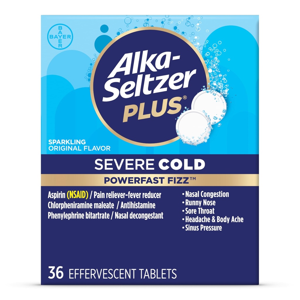 Alka-Seltzer Plus Severe Cold - Sparkling Original Powerfast Fizz Effervescent Common Cold Tablets, Sinus Congestion, Runny Nose, and Dry Cough, 36CT, Packaging May Vary