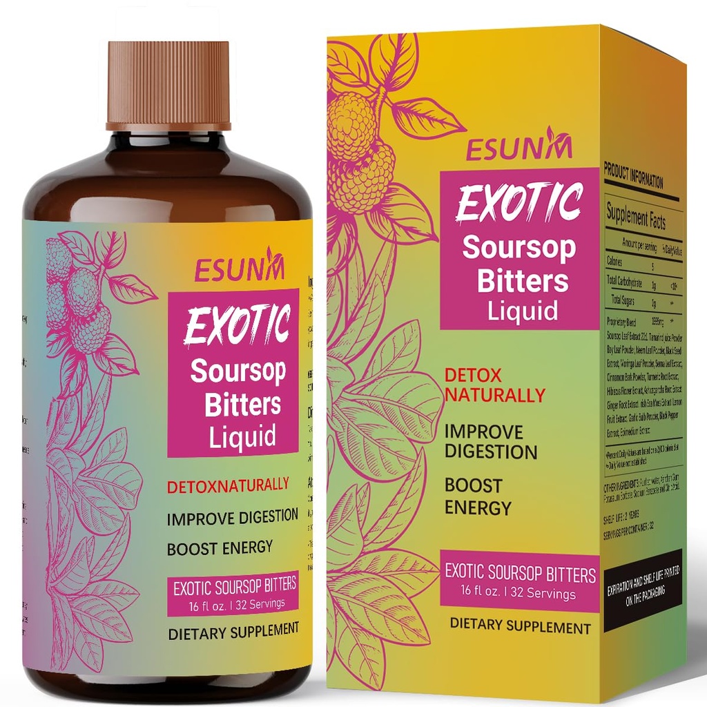 ESUNM Herbal Detox Soursop Bitters - Berry-Infused Detox Tonic with with Black Seed, Moringa, Irish Moss & Ginger - Cleansing Tonic for Digestion, Energy & Immune Function - 100% Natural