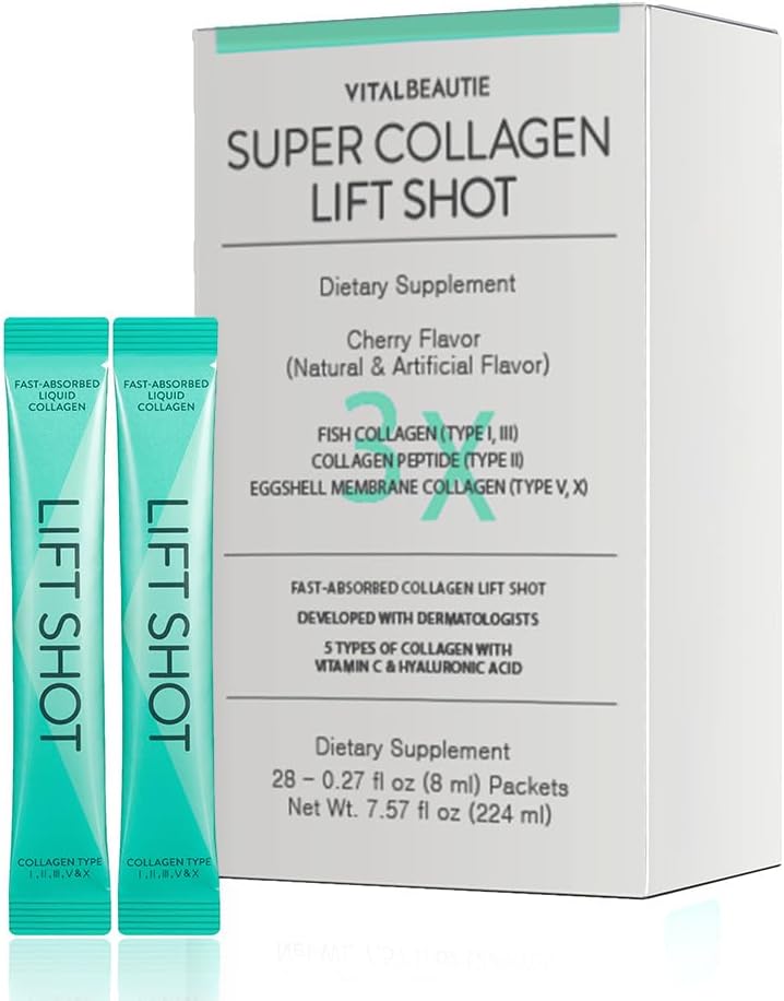 VITALBEAUTIE Flüssiges Collgen für Damen, SuperCollagen Lift Shot - Premium Multi Collagen Peptide Typ I, II, III, V, X 1500mg mit Hyaluronic, Vitamin C, Drittes zertifiziertes, hohe Absorption