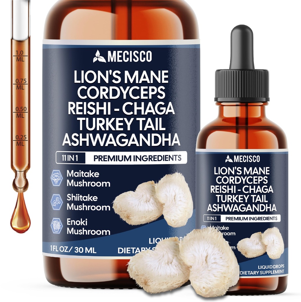Mecisco 11in1 Mushroom Supplement Liquid Drops with Ashwagandha Lions Mane Turkey Tail Cordyceps Reishi Chaga Shitake Maitake Agaricus Oyster Mushrooms and Enoki Mushrooms - 1 FL Oz - 60 Day Supply