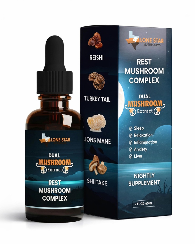 Rest Mushroom Complex Drops – Reishi Mushroom Extract Blend with Turkey Tail, Shiitake & Lion’s Mane for Evening Routine – Dual Extract Tincture by Lone Star Mushrooms, 2oz